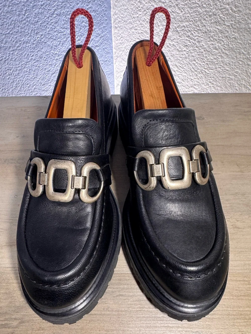 Mjus Italian Leather Chain Lug Sole Loafers Black EU 38 Chunky Platform - Picture 4 of 8